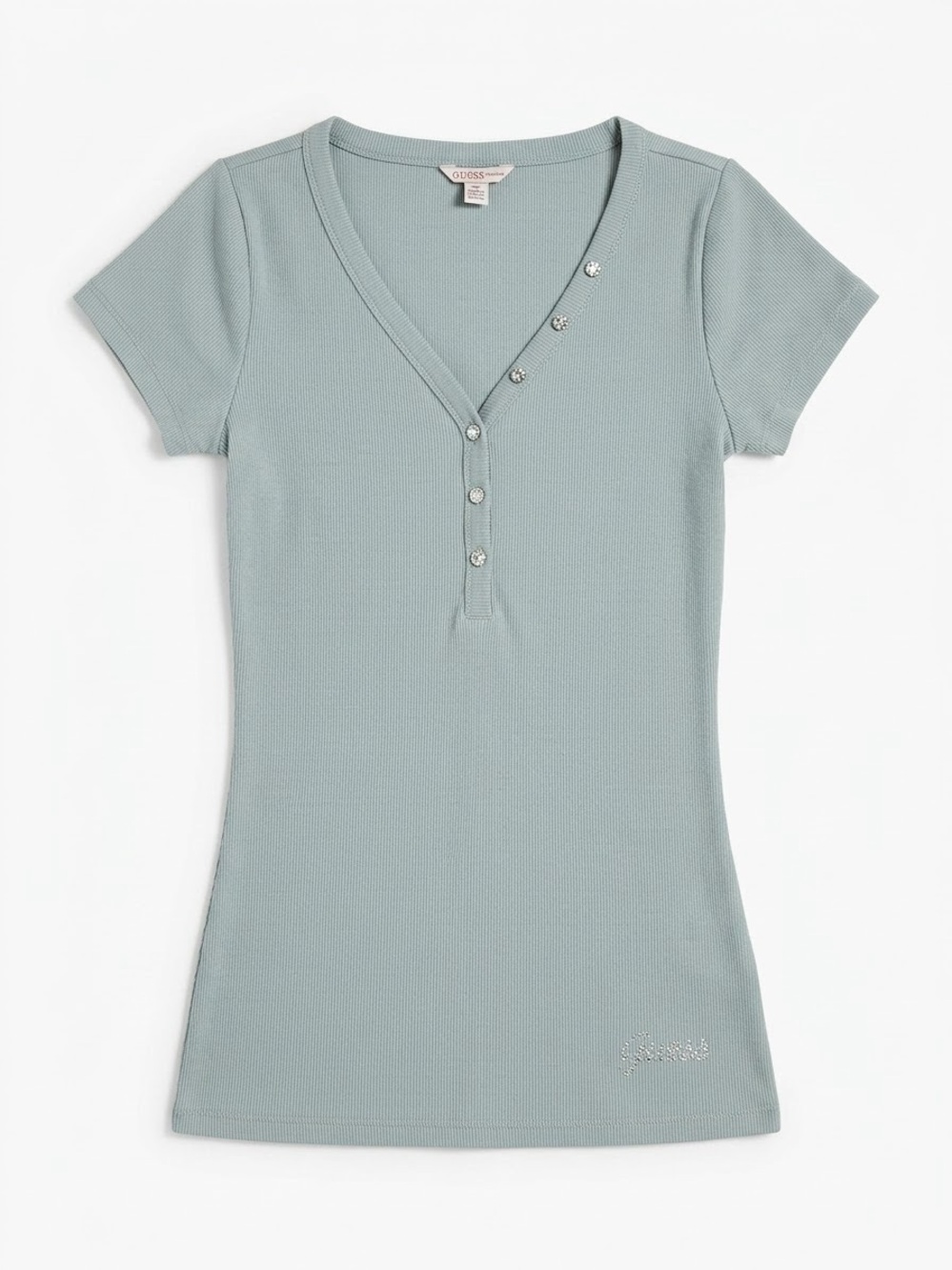 Guess Short Sleeve Henley Top in Sage Green